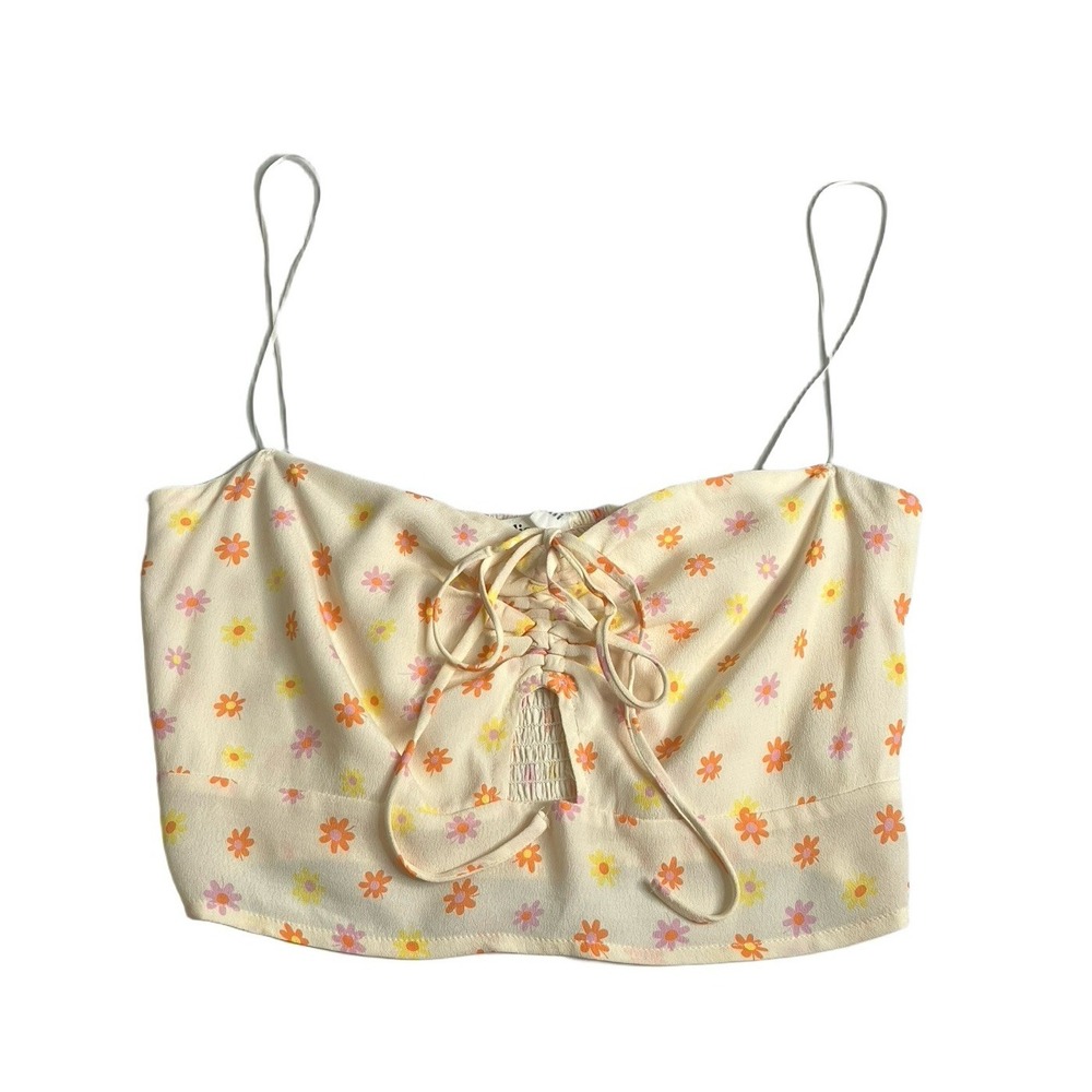 Elodie Floral Smocked Crop Top Large Yellow Ruched Tie Cut Out Coquette Cottage